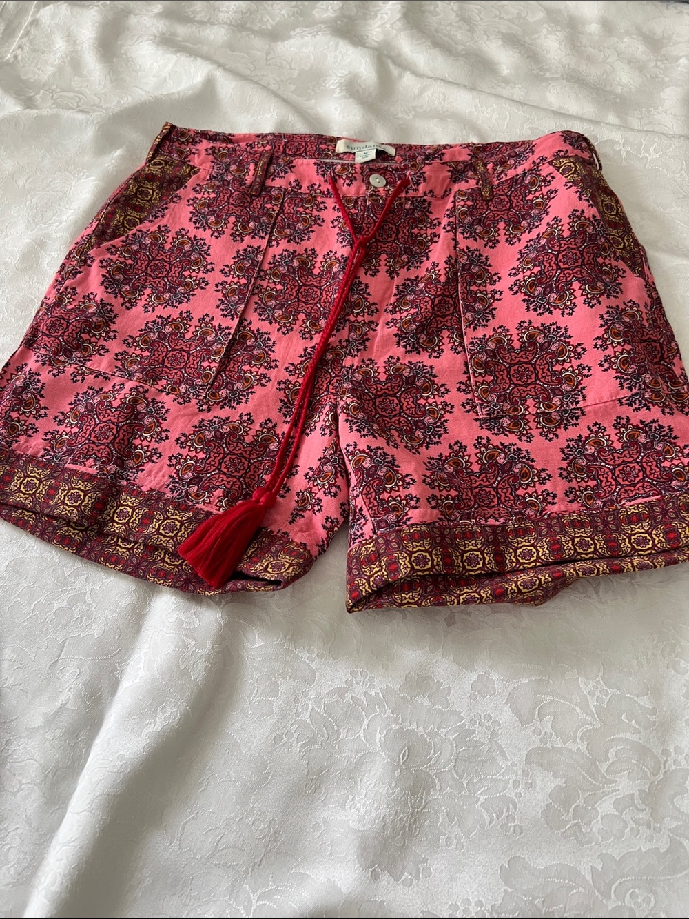 Sundance Pink Paisley-Print Shorts with Red Tassel
